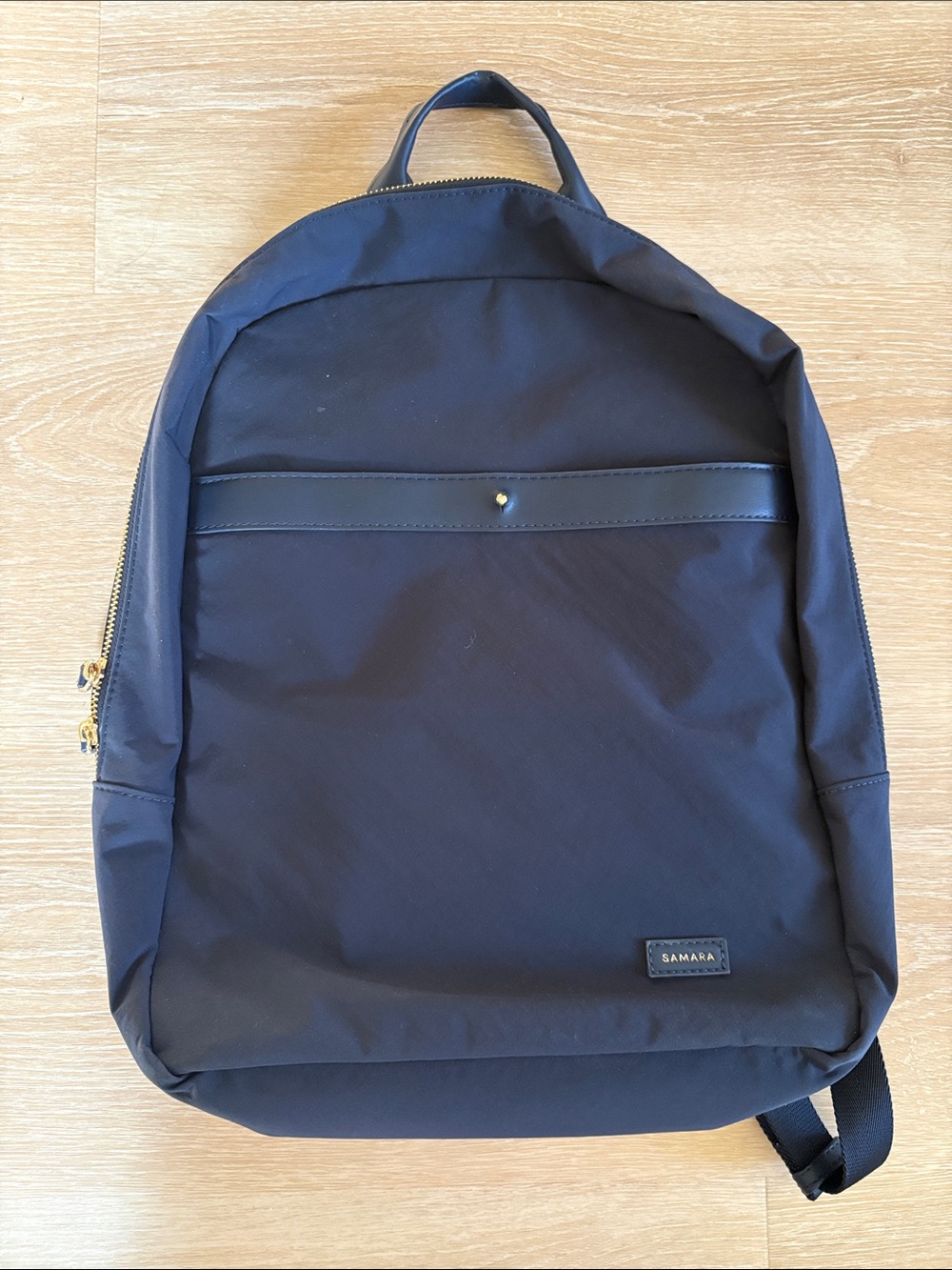 SAMARA Navy Backpack Zip Closure Gold Hardware Beige Lining Inner Pockets